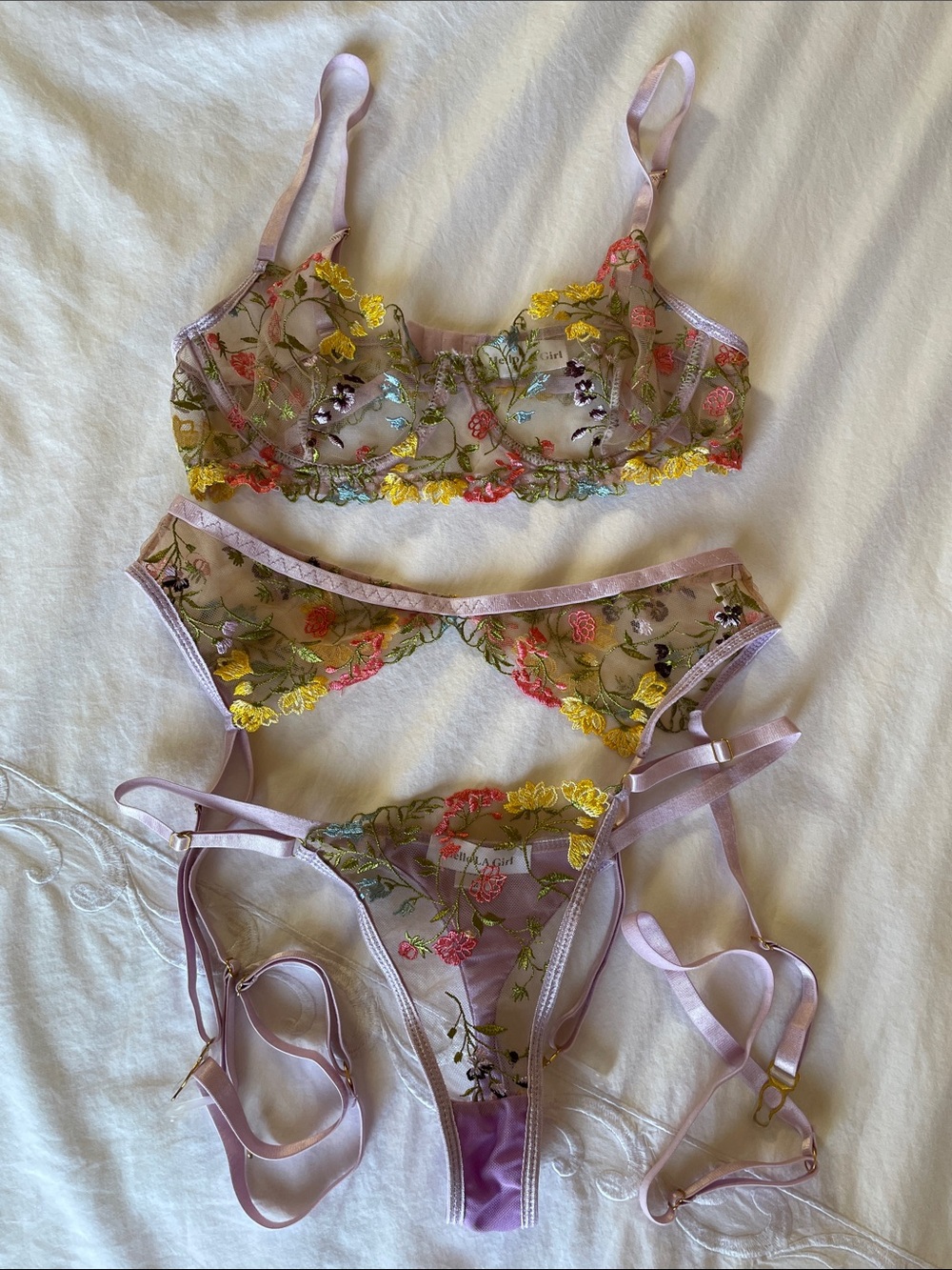 Hello.LA.Girl Lavender Sheer Floral Fantasy Bloom Embroidery Lingerie 3 pcs Set